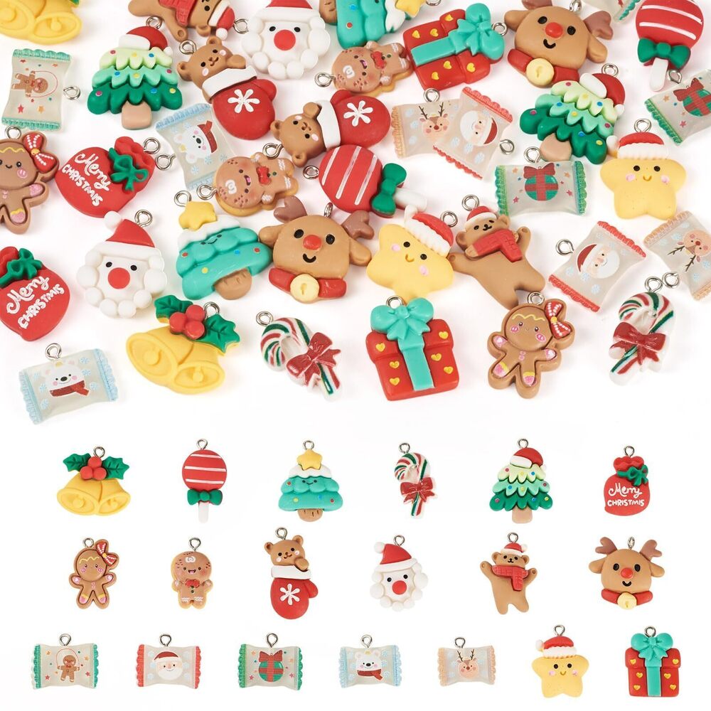 7523 20Pcs Christmas Resin Charms Christmas Tree Gingerbread Man Lollipop